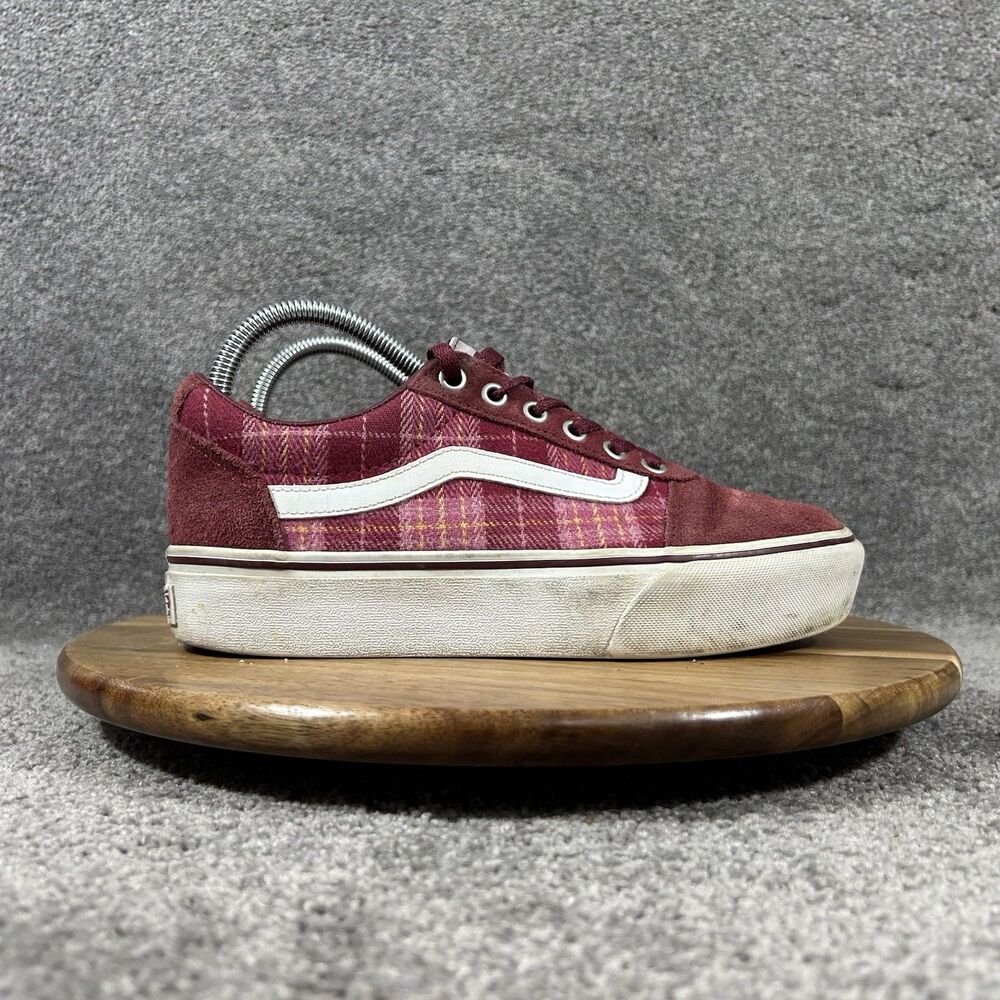 Vans Ward Platform Women’s Sz 7.5 Burgundy Plaid Mix Port Suede Skate Shoes Used